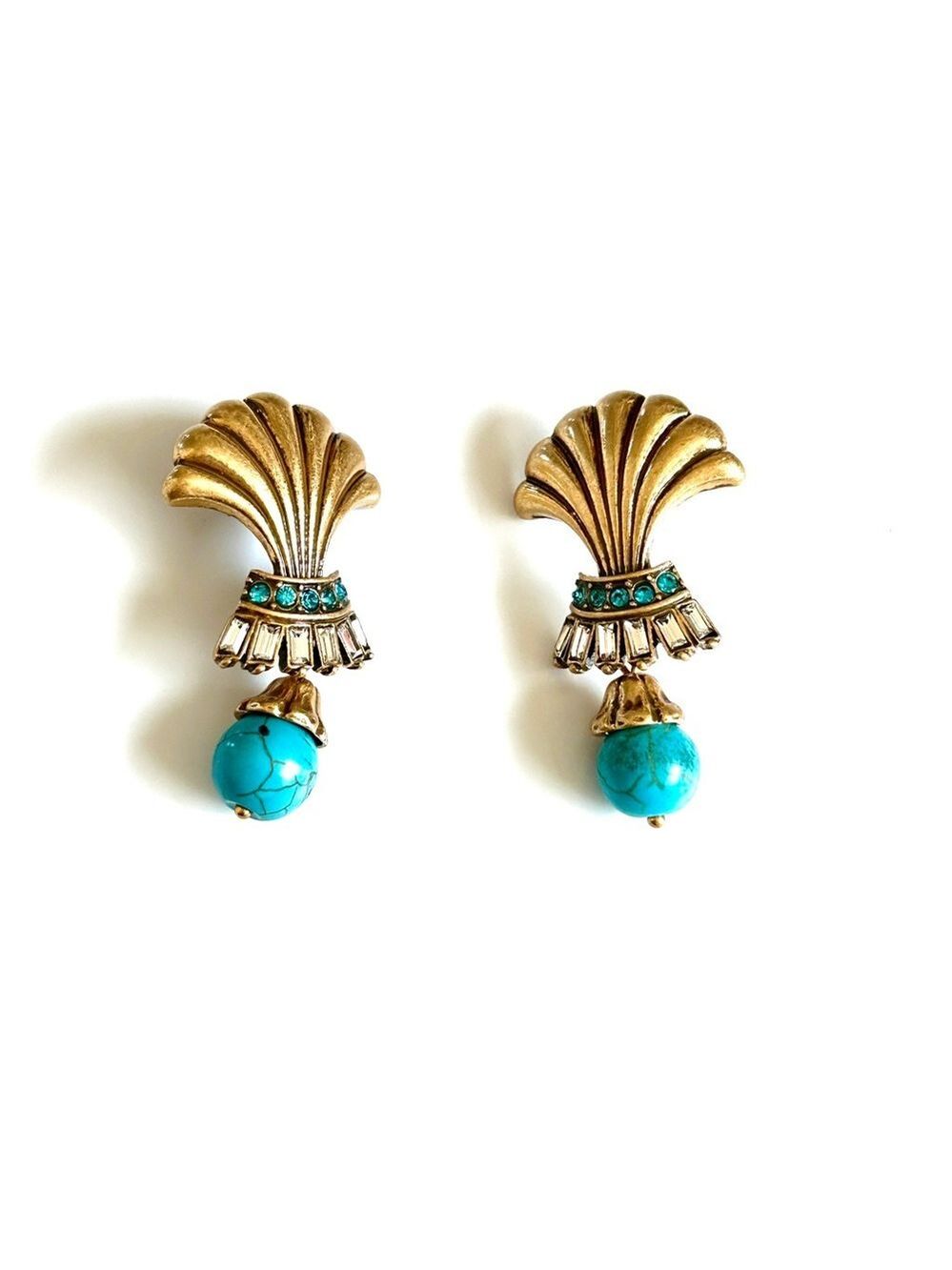 KRAMER Vintage Turquoise & Crystal Brushed Gold-Tone Shell Drop Earrings | NEW - Picture 3 of 9
